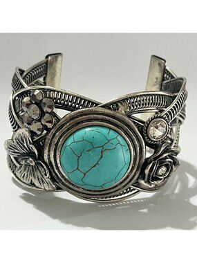 Vintage Silver Tone Cuff Bracelet With Turquoise Stone Floral & Butterfly